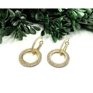 Gold Tone  Rhinestone Open Circle Leverback Drop Earrings Elegant Jewelry